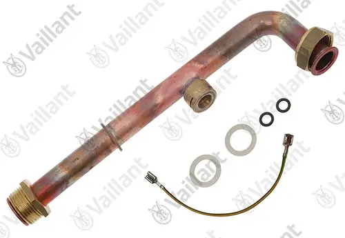 Vaillant Rohr mit mehreren Anschlüssen, darunter ein gewickelter Sensor und Dichtungen, geeignet für Heizungs- oder wassertechnische Anwendungen.